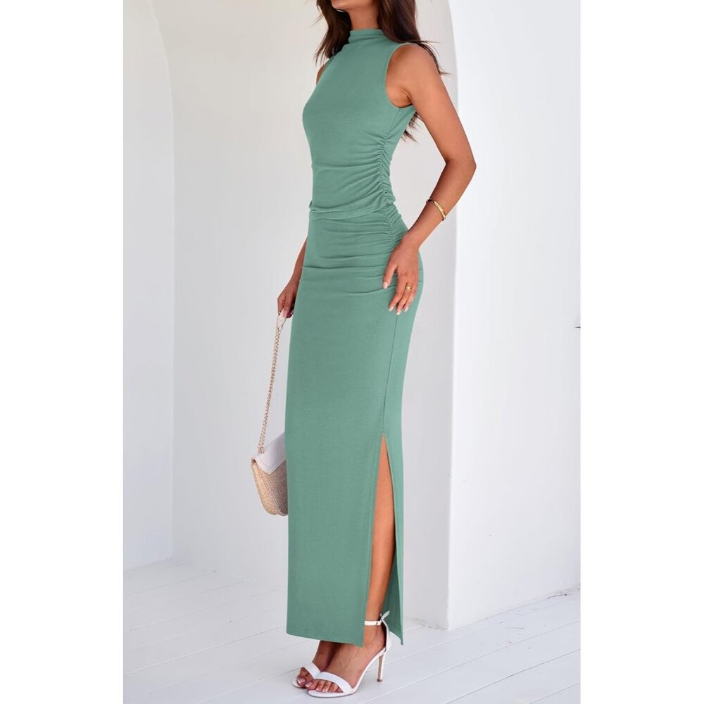 Women Fruit Green Two Piece Sets Going Mock Neck Sleeveless Knit Tops Maxi Skirt - Picture 4 of 6